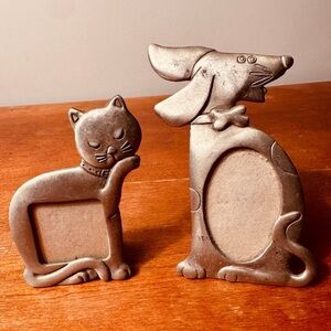 Lot of 2 Metal Shaped Mini i Picture Frames - Cat & Dog